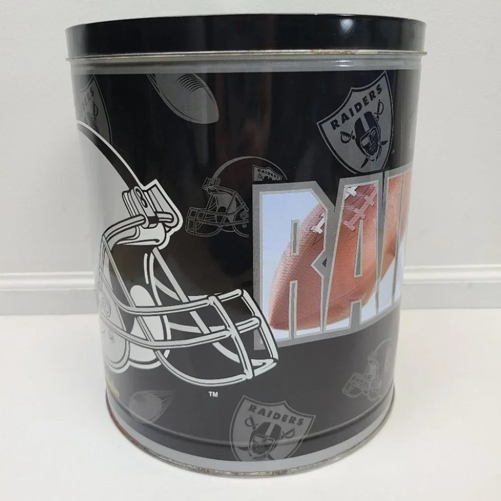 Vintage 1996 Oakland Raiders Metal Popcorn Tin Black Silver Large Size - Picture 2 of 16